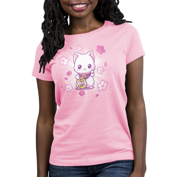 Premium Cotton T-shirt_TeeTurtle light pink Lucky Sakura Kitty apparel featuring a cat with one paw raised and one paw holding a gold coin, surrounded by cherry blossoms.