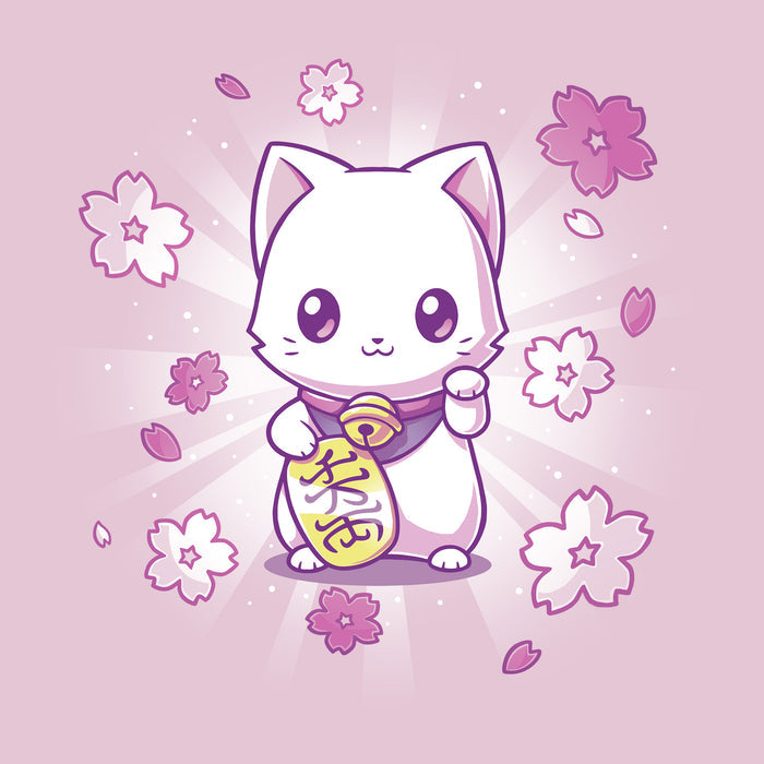 Classic Cotton T-shirt_TeeTurtle light pink Lucky Sakura Kitty apparel featuring a cat with one paw raised and one paw holding a gold coin, surrounded by cherry blossoms.