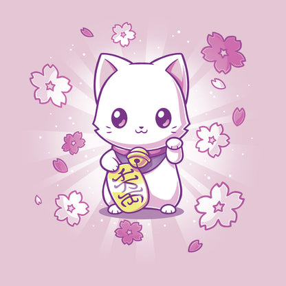 Classic Cotton T-shirt_TeeTurtle light pink Lucky Sakura Kitty apparel featuring a cat with one paw raised and one paw holding a gold coin, surrounded by cherry blossoms.