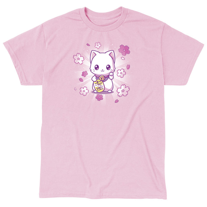Classic Cotton T-shirt_TeeTurtle light pink Lucky Sakura Kitty apparel featuring a cat with one paw raised and one paw holding a gold coin, surrounded by cherry blossoms.