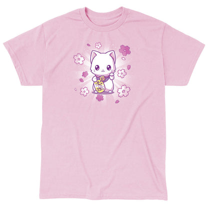 Classic Cotton T-shirt_TeeTurtle light pink Lucky Sakura Kitty apparel featuring a cat with one paw raised and one paw holding a gold coin, surrounded by cherry blossoms.
