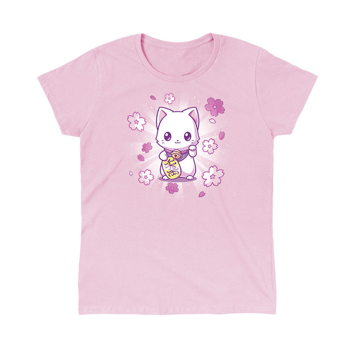 Classic Cotton T-shirt_TeeTurtle light pink Lucky Sakura Kitty apparel featuring a cat with one paw raised and one paw holding a gold coin, surrounded by cherry blossoms.
