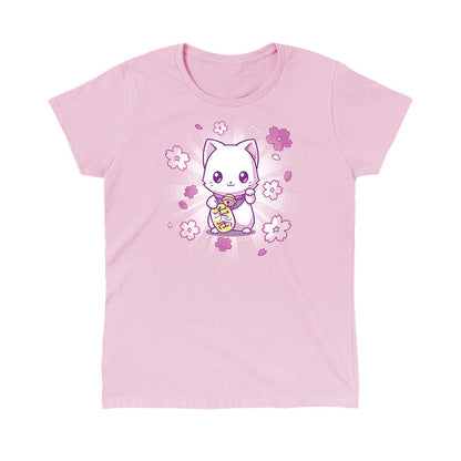 Classic Cotton T-shirt_TeeTurtle light pink Lucky Sakura Kitty apparel featuring a cat with one paw raised and one paw holding a gold coin, surrounded by cherry blossoms.