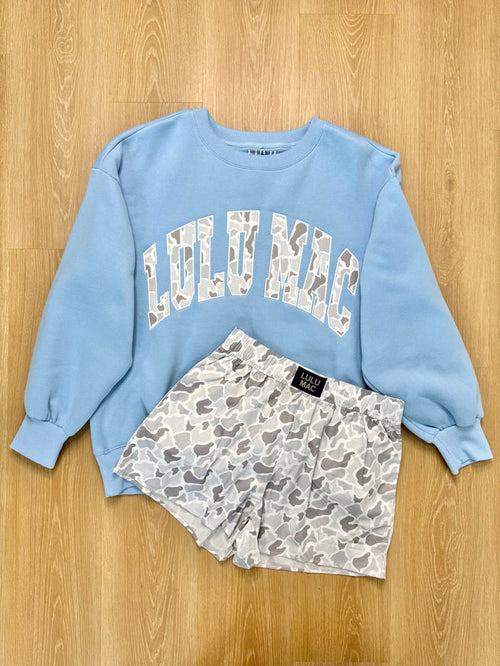 LULU MAC M Set w/ Light Blue White Camo Sweatshirt & White Camo Shorts