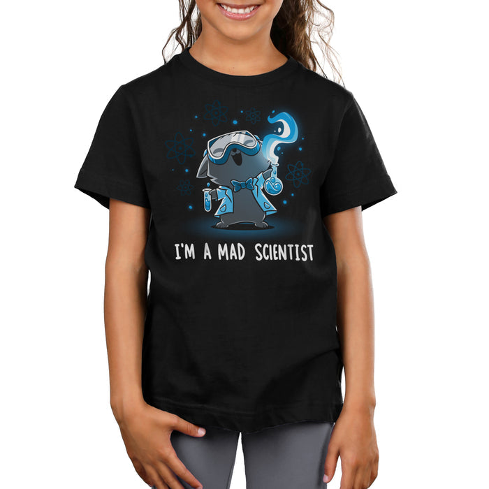 Premium Cotton T-shirt_TeeTurtle Mad Scientist black t-shirt featuring an illustration of a cartoon gray cat smiling evilly wearing safety goggles, a lab coat and a bowtie holding chemistry apparatus surrounded by floating orbs. "I'M A MAD SCIENTIST" is written underneath.