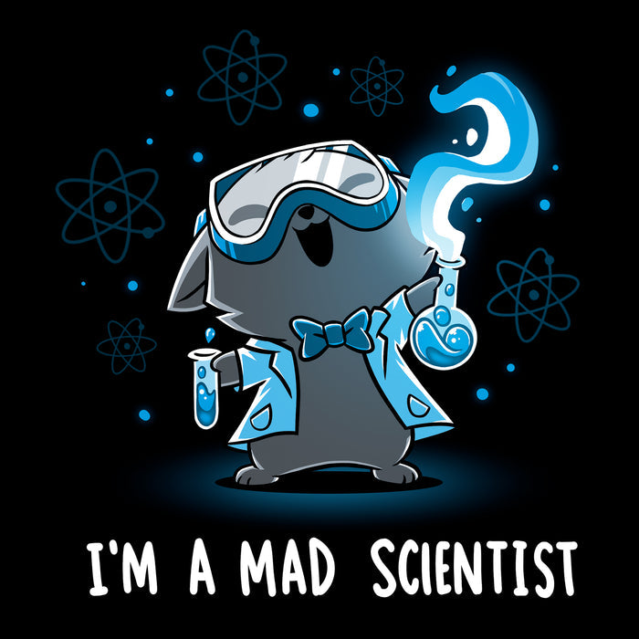 Classic Cotton T-shirt_TeeTurtle Mad Scientist black t-shirt featuring an illustration of a cartoon gray cat smiling evilly wearing safety goggles, a lab coat and a bowtie holding chemistry apparatus surrounded by floating orbs. "I'M A MAD SCIENTIST" is written underneath.