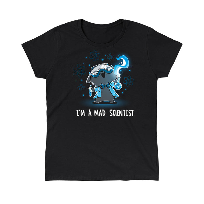 Classic Cotton T-shirt_TeeTurtle Mad Scientist black t-shirt featuring an illustration of a cartoon gray cat smiling evilly wearing safety goggles, a lab coat and a bowtie holding chemistry apparatus surrounded by floating orbs. "I'M A MAD SCIENTIST" is written underneath.