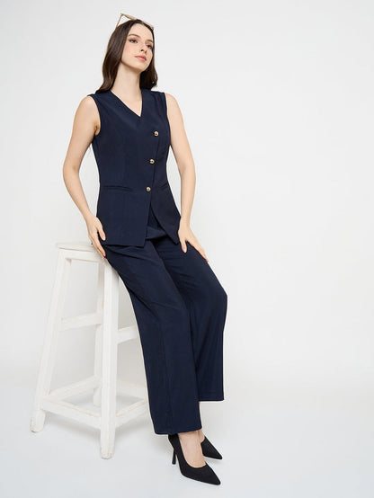Madame Asymmetrical Neck Navy Blue Top