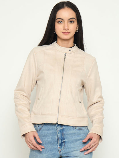 Madame Beige Jacket with Snap Button Collar