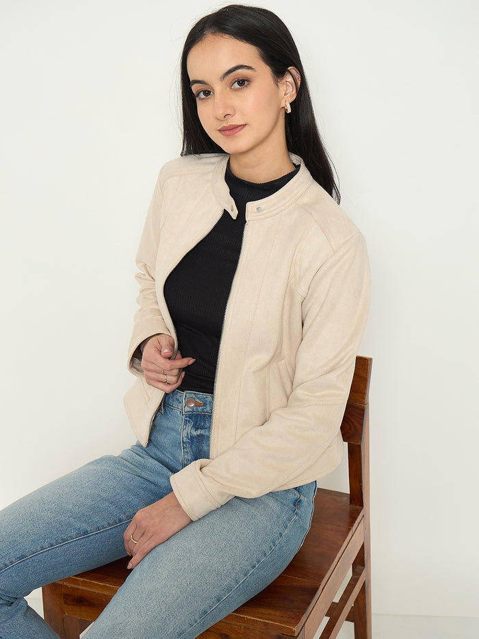 Madame Beige Jacket with Snap Button Collar