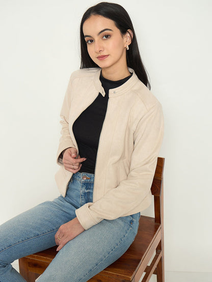 Madame Beige Jacket with Snap Button Collar