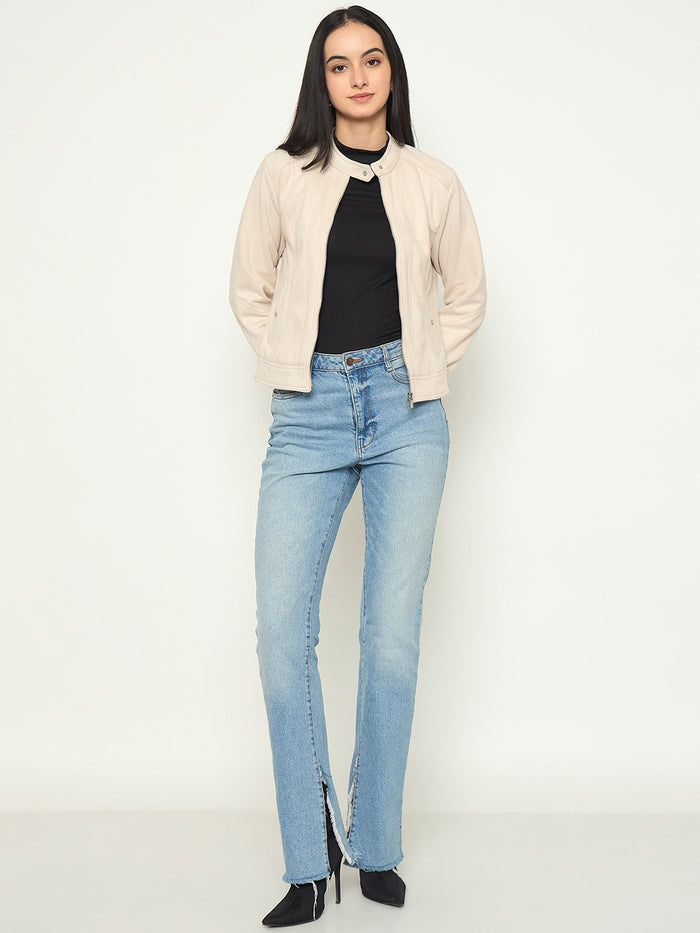 Madame Beige Jacket with Snap Button Collar
