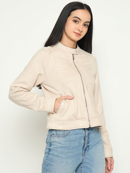 Madame Beige Jacket with Snap Button Collar