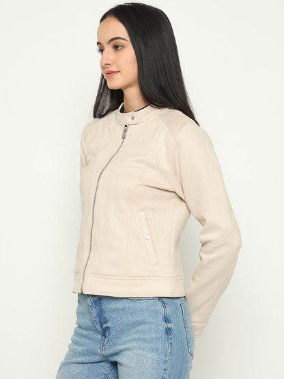 Madame Beige Jacket with Snap Button Collar