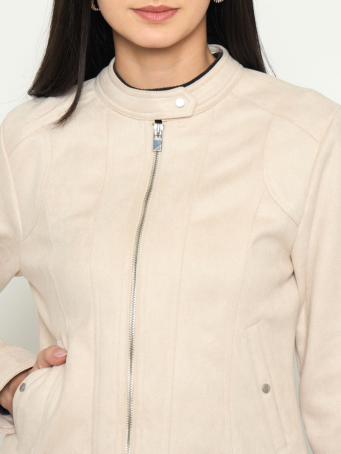 Madame Beige Jacket with Snap Button Collar