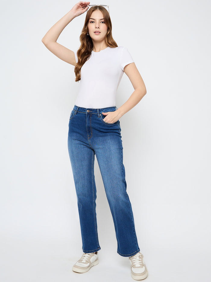 Madame Cotton Blend Straight Fit Mid Blue Jeans