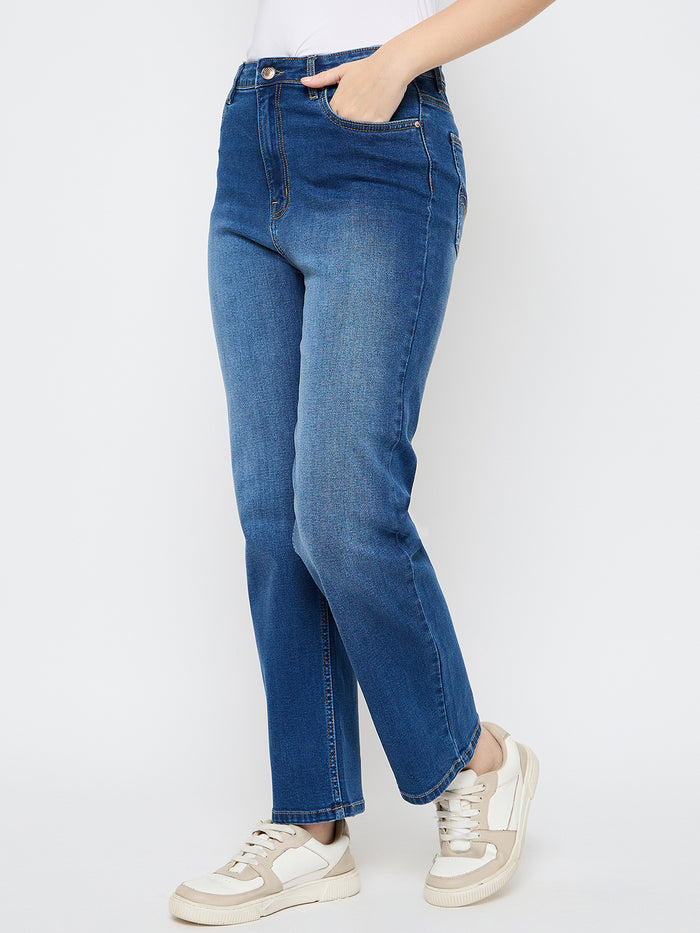 Madame Cotton Blend Straight Fit Mid Blue Jeans