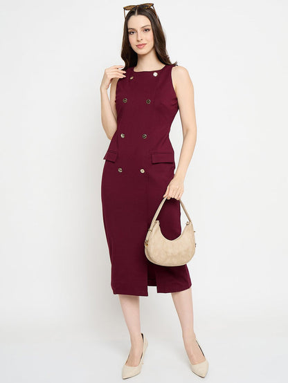 Madame Double Breasted Maroon Red Midi Dress