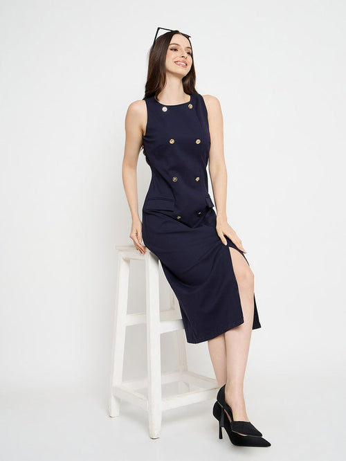 Madame Double Breasted Navy Blue Midi Dress