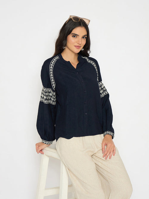 Madame Embroidered Navy Blue Rayon Blend Top