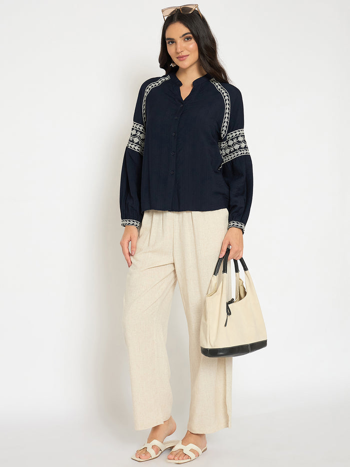 Madame Embroidered Navy Blue Rayon Blend Top