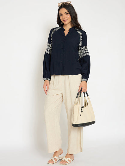 Madame Embroidered Navy Blue Rayon Blend Top