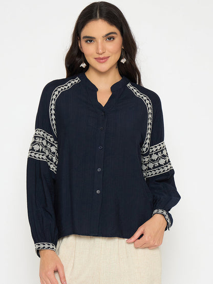 Madame Embroidered Navy Blue Rayon Blend Top