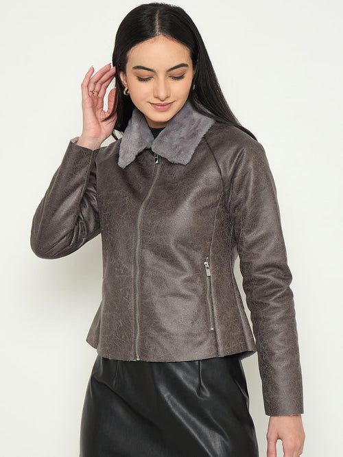Madame Faux Fur Collar Grey Textured Leather Jacket