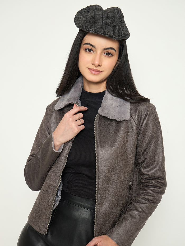 Madame Faux Fur Collar Grey Textured Leather Jacket