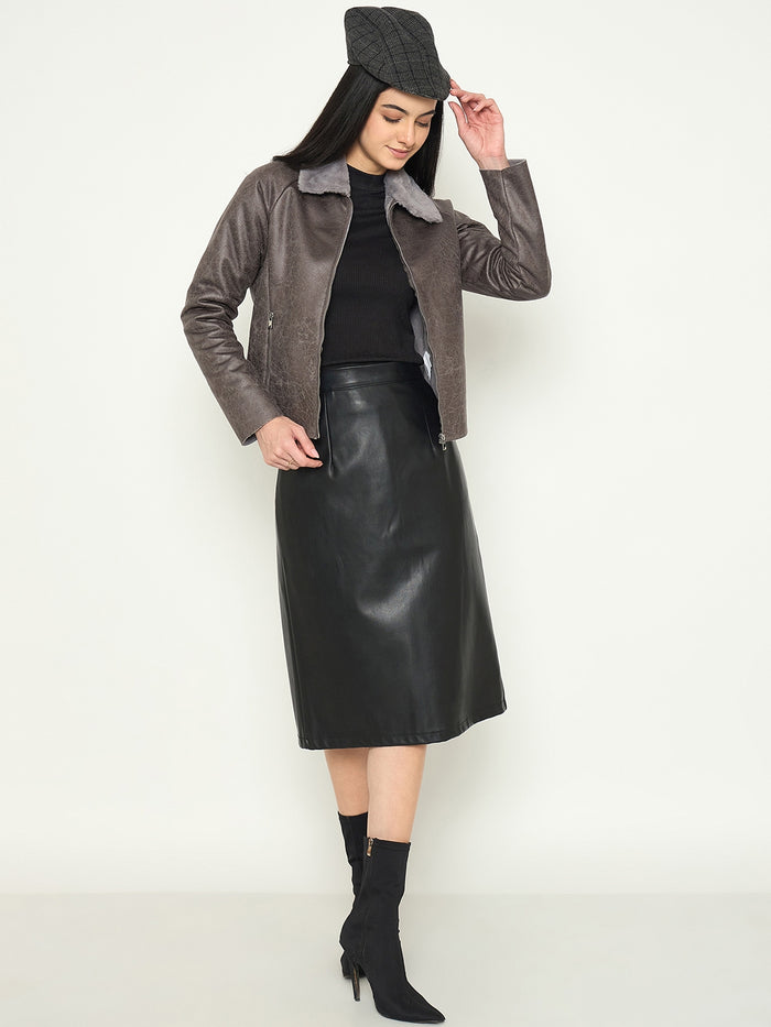 Madame Faux Fur Collar Grey Textured Leather Jacket
