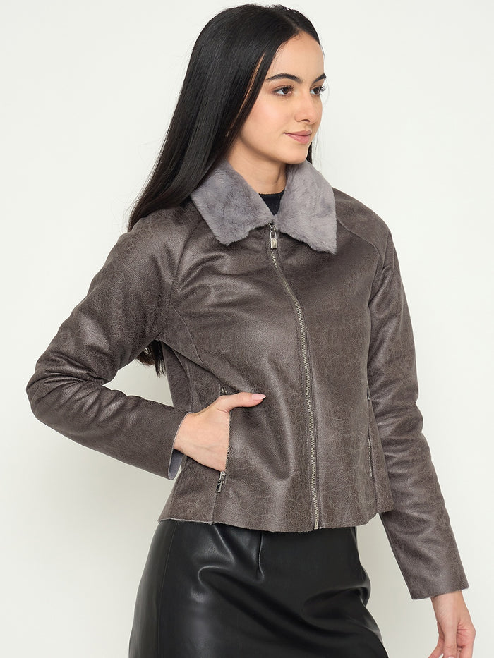 Madame Faux Fur Collar Grey Textured Leather Jacket