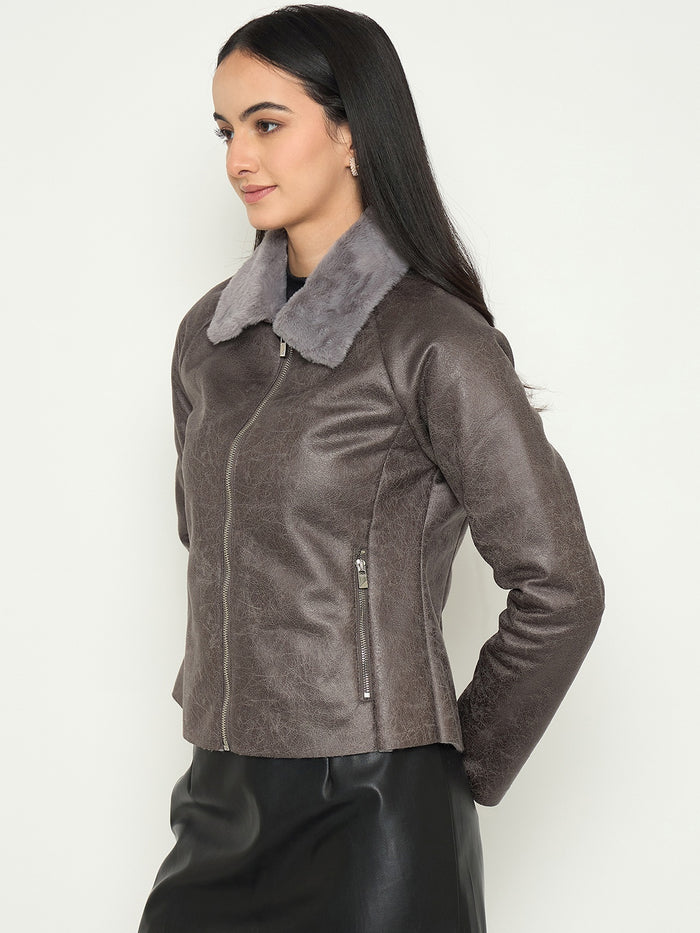 Madame Faux Fur Collar Grey Textured Leather Jacket