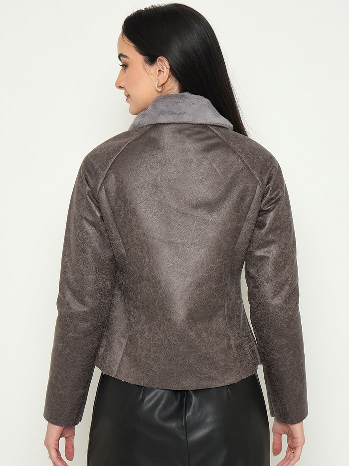 Madame Faux Fur Collar Grey Textured Leather Jacket