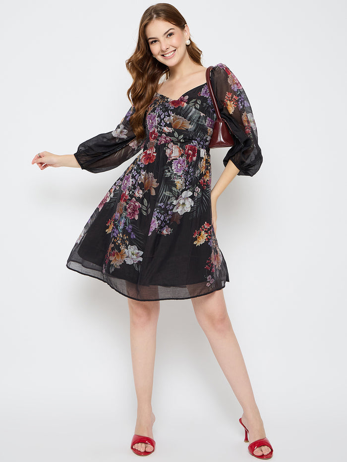 Madame Floral Print Tencel Blend Black Midi Dress