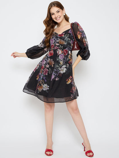 Madame Floral Print Tencel Blend Black Midi Dress