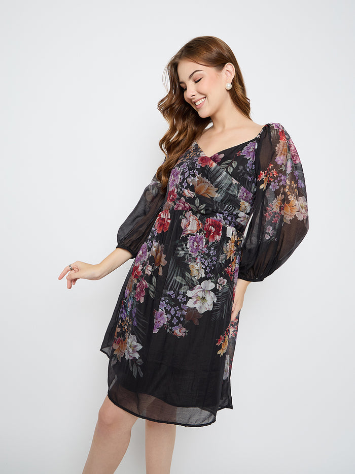 Madame Floral Print Tencel Blend Black Midi Dress