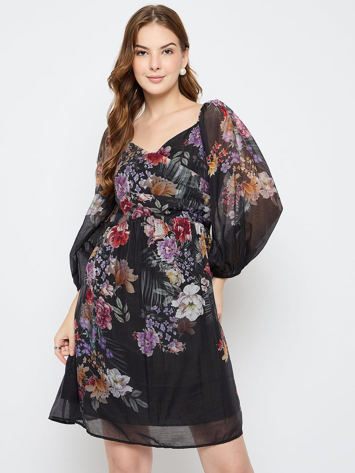 Madame Floral Print Tencel Blend Black Midi Dress