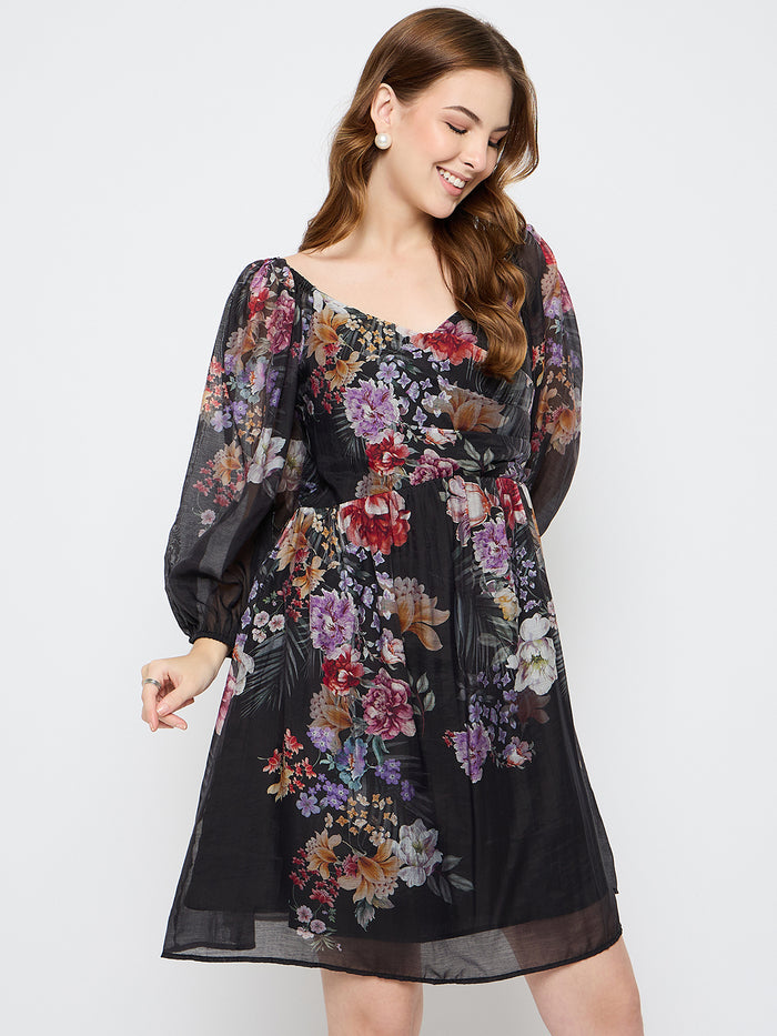 Madame Floral Print Tencel Blend Black Midi Dress