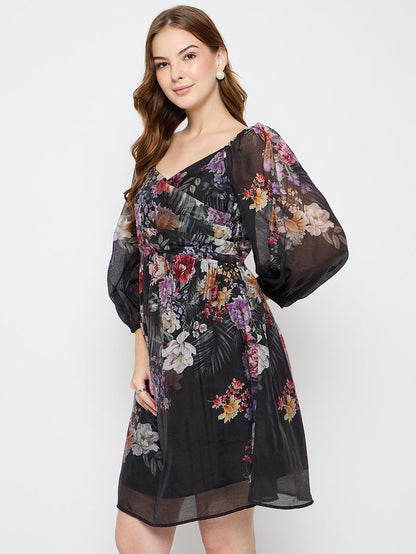 Madame Floral Print Tencel Blend Black Midi Dress