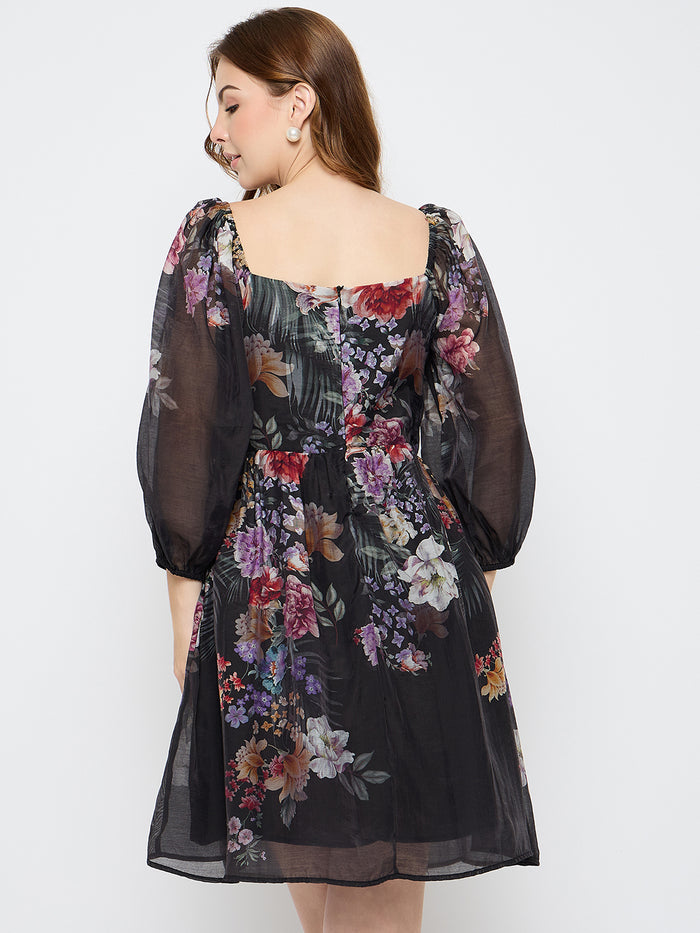 Madame Floral Print Tencel Blend Black Midi Dress