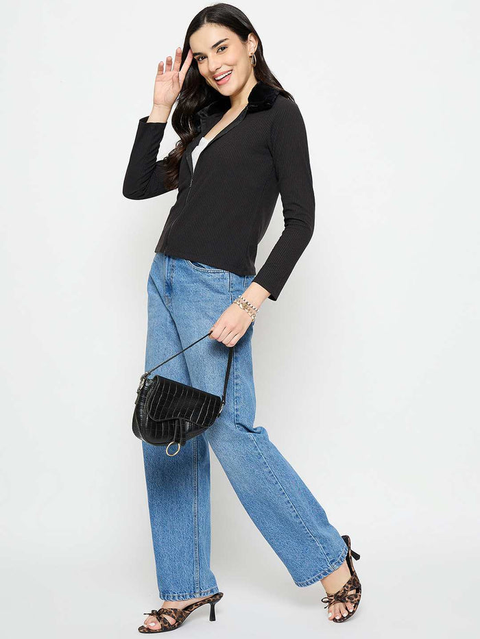 Madame Fur Trimmed Black Zipped Top