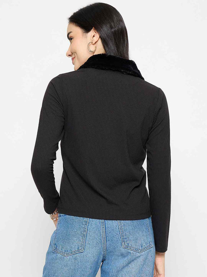 Madame Fur Trimmed Black Zipped Top