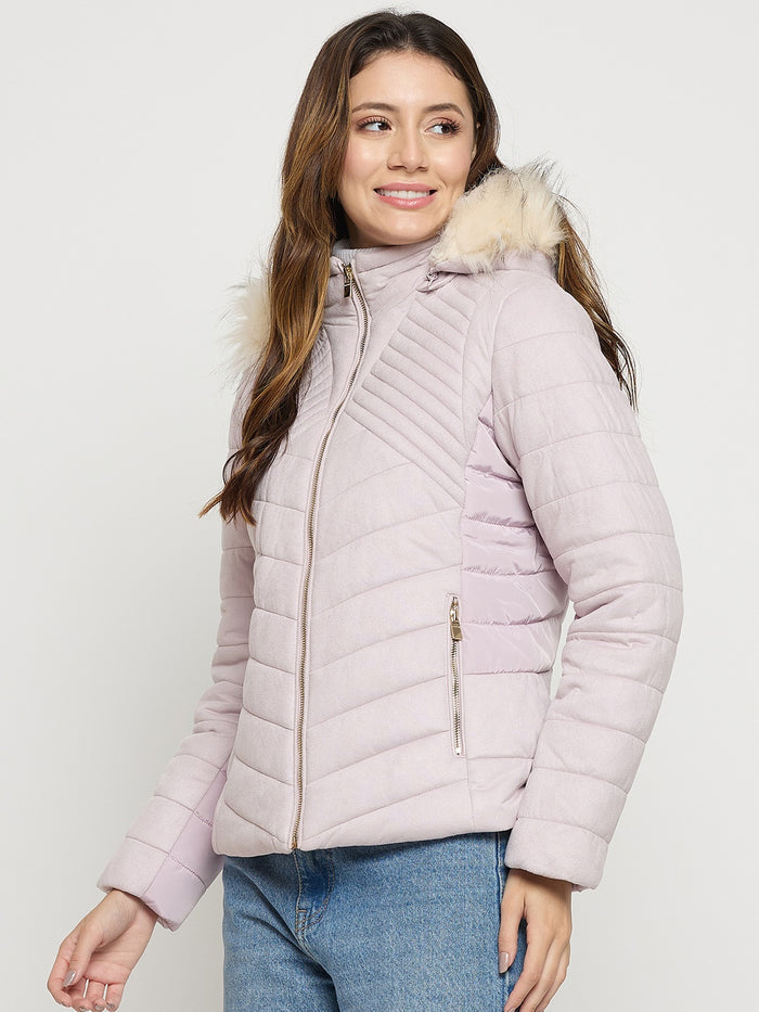 Madame Mauve Quilted Fur Collar Full Sleeve Short Jacket
