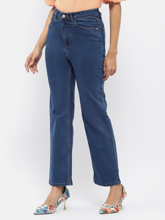 Madame Solid Mid Blue Wide Leg Jeans