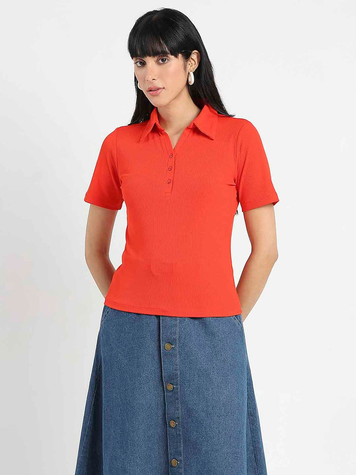 Madame Solid Red Polo Pique T-Shirt