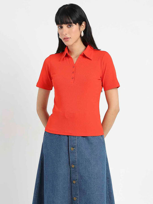 Madame Solid Red Polo Pique T-Shirt