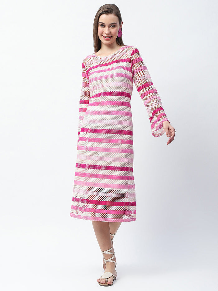 Madame Striped Crochet Knit Pink Sheath Midi Dress