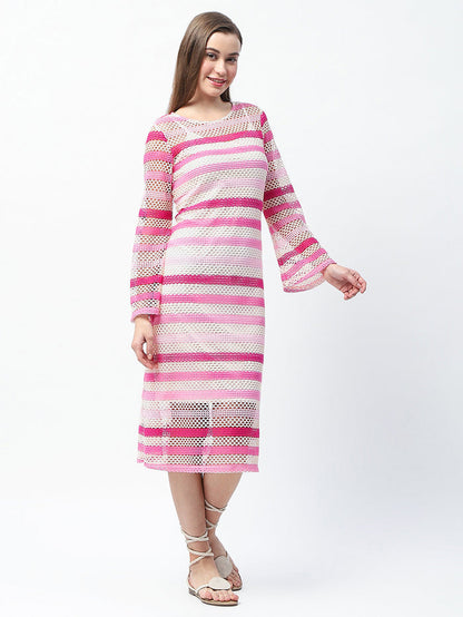 Madame Striped Crochet Knit Pink Sheath Midi Dress