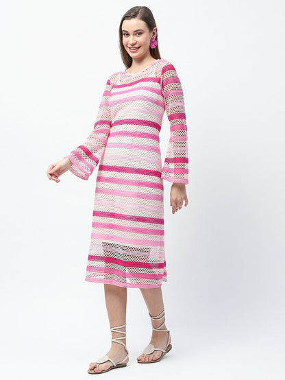 Madame Striped Crochet Knit Pink Sheath Midi Dress