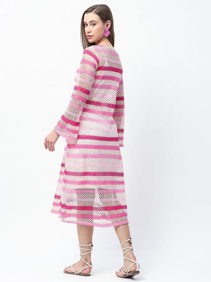 Madame Striped Crochet Knit Pink Sheath Midi Dress